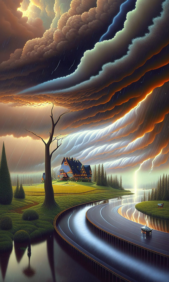 Surreal landscape with lone tree, house, road, stormy sky, and sunlight hint