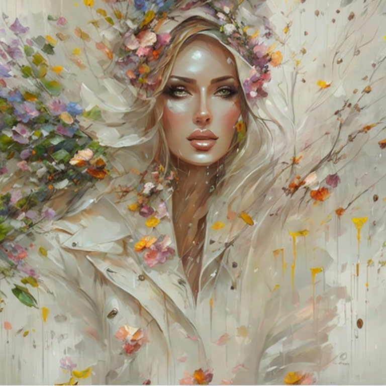 Woman with Floral Adornments in Hair Surrounded by Paint Splashes of Flowers and Leaves