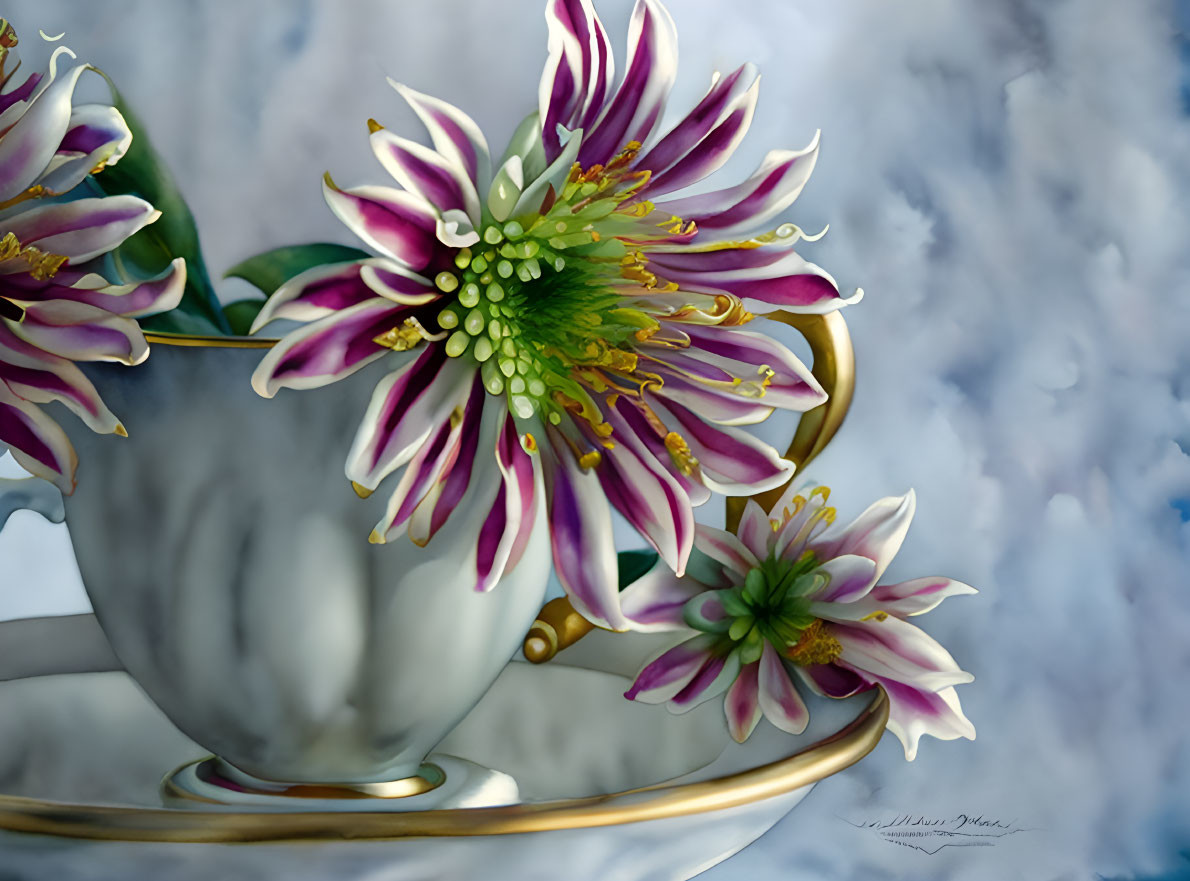 Digital painting of purple and white flowers in a teacup against cloudy sky