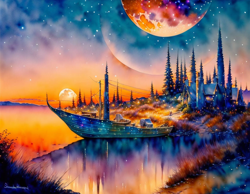 Colorful fantasy painting: boat on mirror-like lake, vibrant trees, village, two moons.