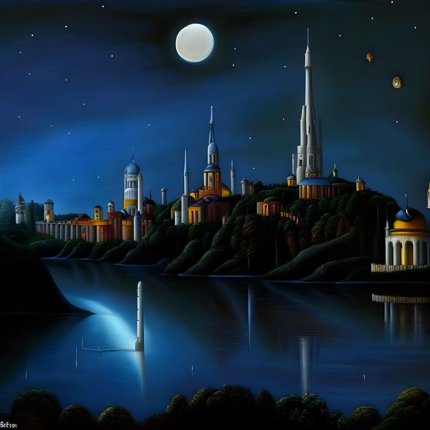 Moonlit night landscape with spired buildings, river reflection, stars, and comet.