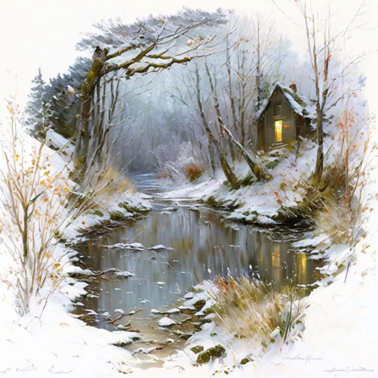 Snow-covered trees, tranquil stream, cozy cabin in winter scene