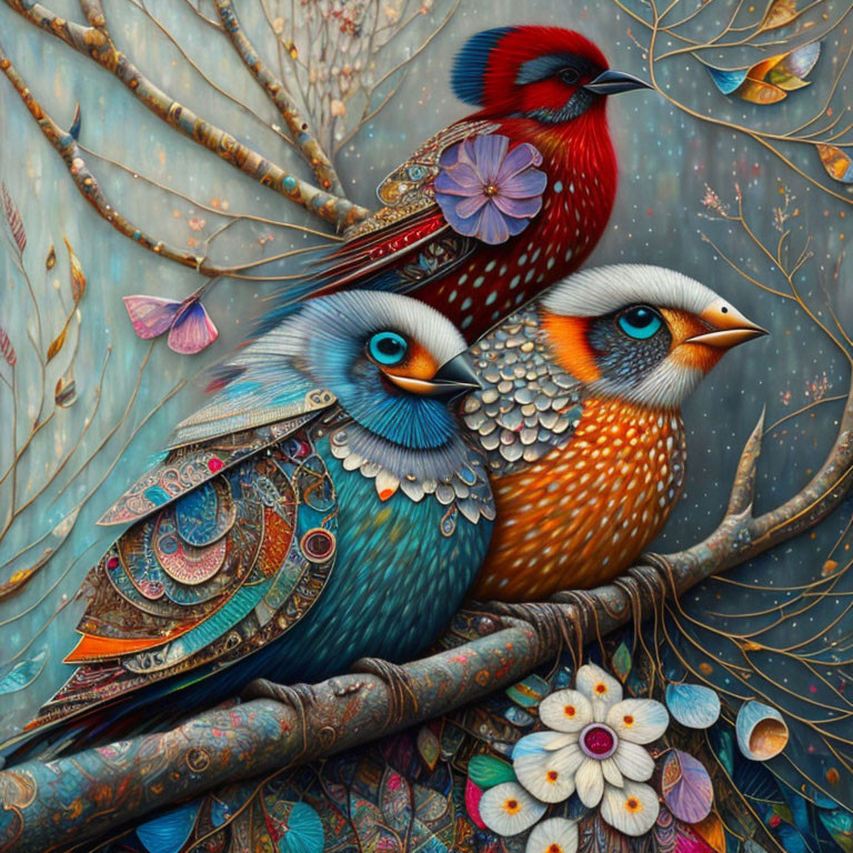 Colorful Birds Perched on Branches with Flowers in Detailed Artistic Style