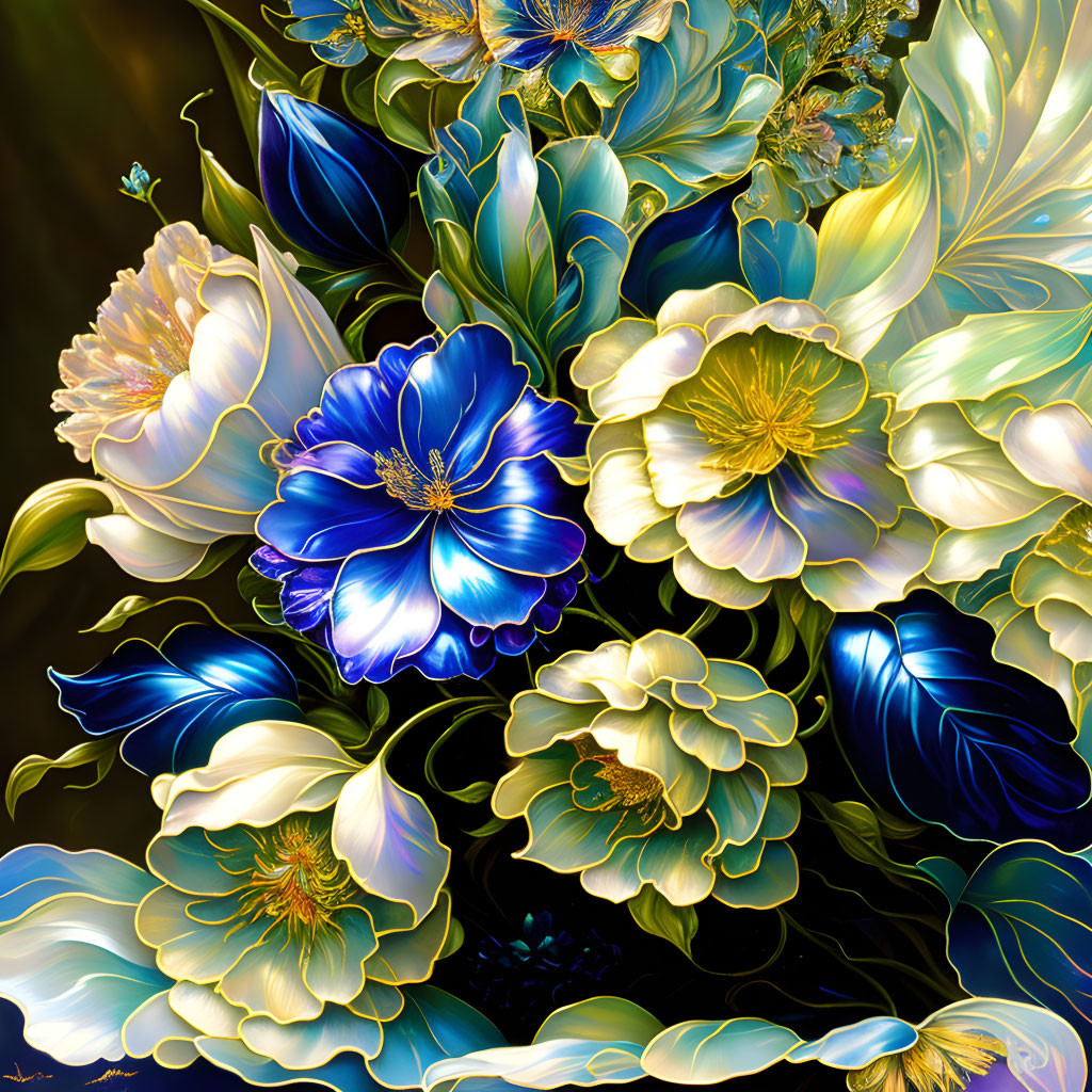 Colorful digital artwork: blue and yellow flowers on dark backdrop