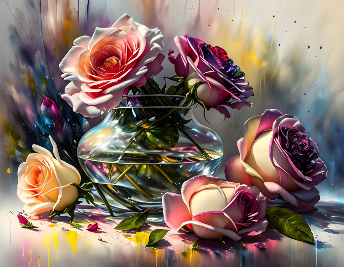 Multicolored roses in a glass vase with dynamic paint splashes