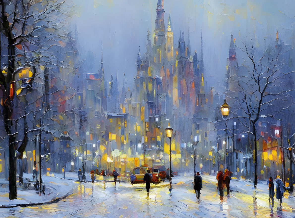 Impressionistic painting: City street at dusk with illuminated buildings and snow-covered ground