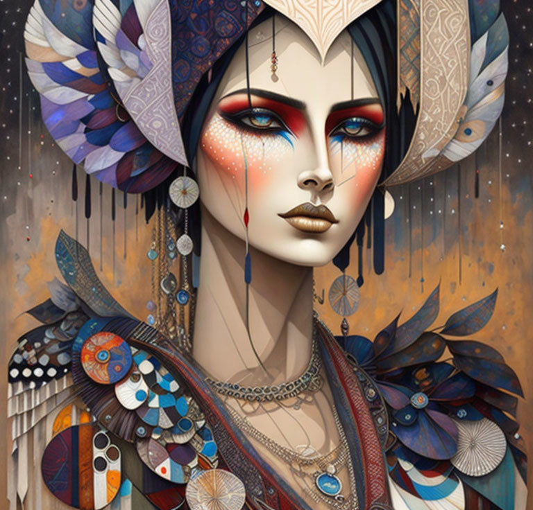 Vibrant digital artwork of woman with feathered headdress and tribal makeup