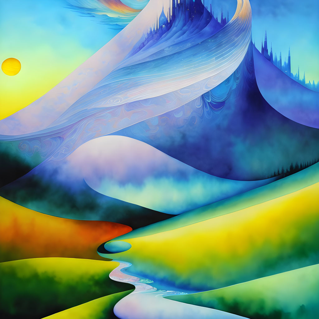 Colorful digital artwork of surreal landscape with flowing hills, stylized river, swirling sky, and bright