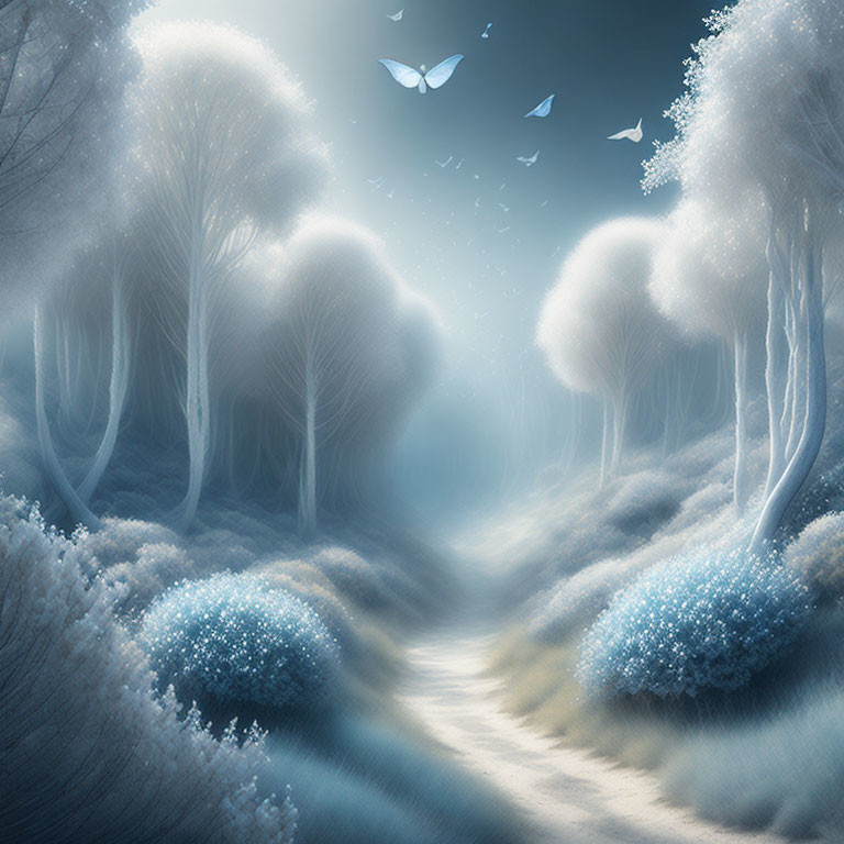 Enchanted moonlit forest with blue flora, white trees, winding path, and ethereal butterflies