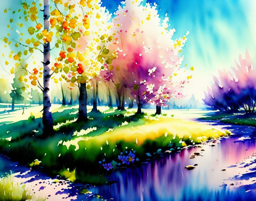 Colorful Watercolor Landscape of Serene Park with River Reflections