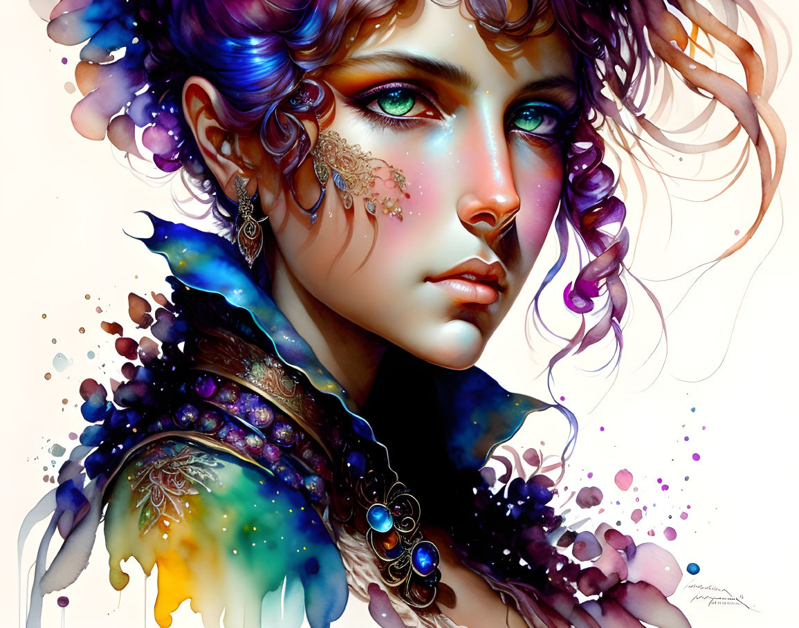 Colorful illustration of a woman with intricate adornments and wavy hair.