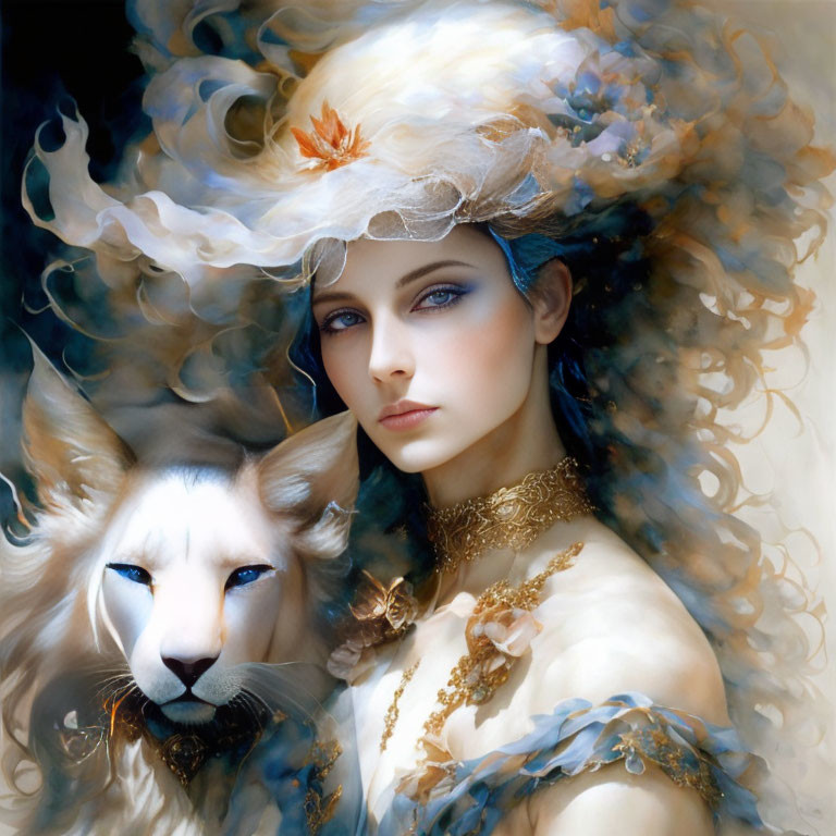 Woman with blue eyes in white dress with golden accents beside white lion