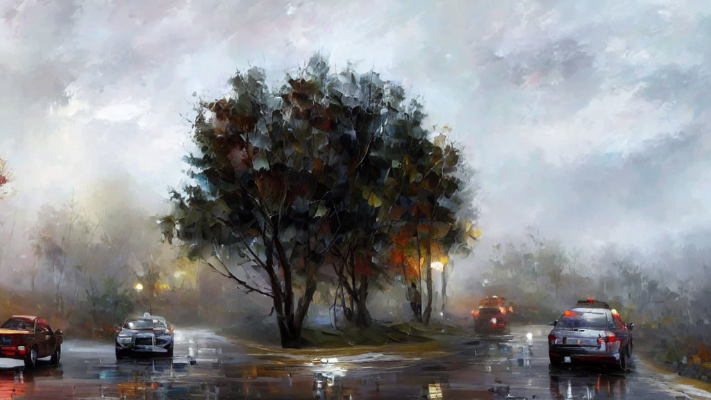 Wet Street Scene: Rain, Headlights, Tree, Fog