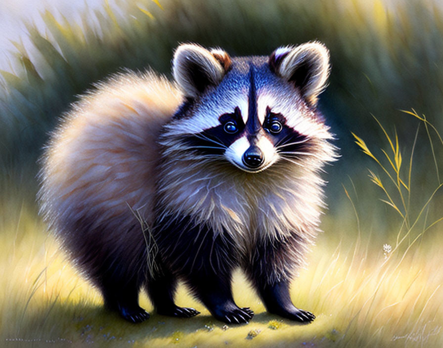 Detailed illustration of a raccoon in grass with rich fur and distinctive markings