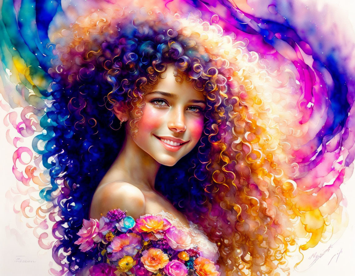 Colorful digital portrait of a smiling woman with curly hair and flowers, warm and cool tones