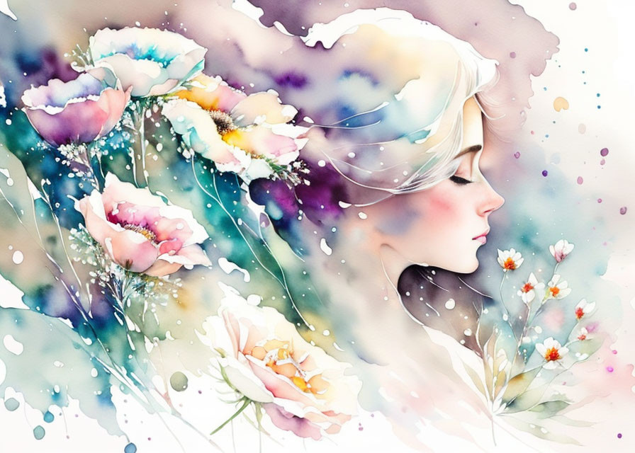 Colorful Watercolor Illustration of Woman's Profile with Flowers