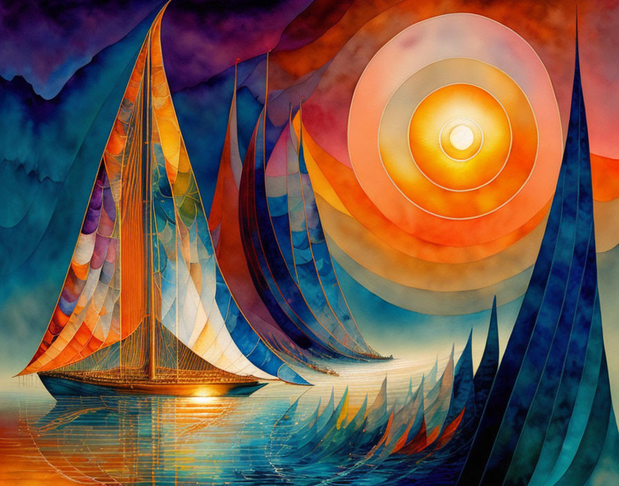 Colorful Sailboats Painting with Patterned Sails on Wavy Seas