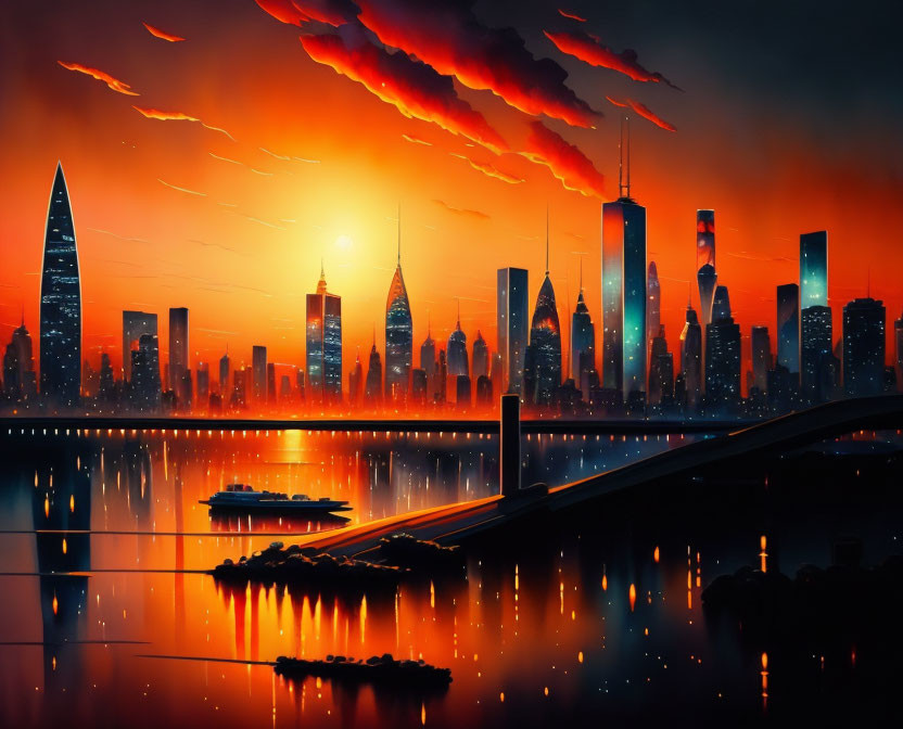 Vibrant sunset skyline with boat and bridge in futuristic city