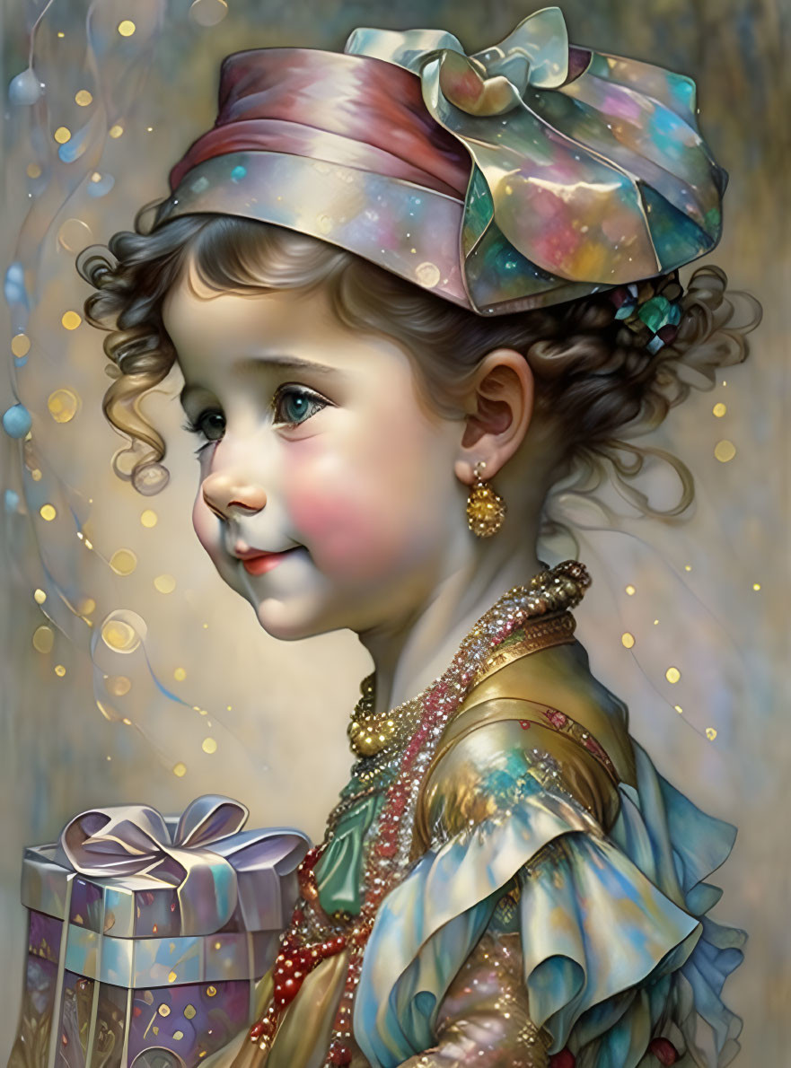 Young girl digital artwork: ornate bow, earrings, patterned dress, gazing with lights and