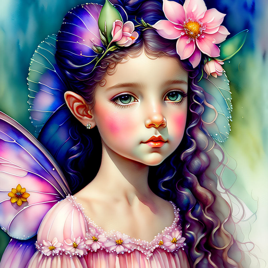 Young girl with fairy wings, purple hair, and blue eyes illustration