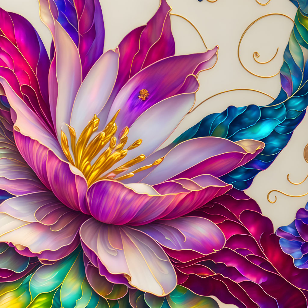 Colorful Digital Artwork: Stylized Flower with Purple, Pink, Blue Petals & Golden