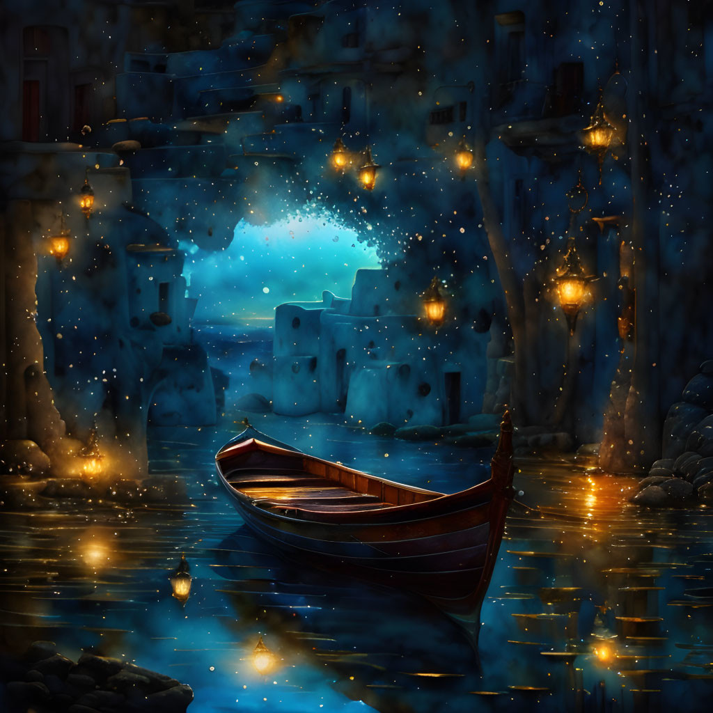 Tranquil night scene: boat on water near ancient glowing ruins