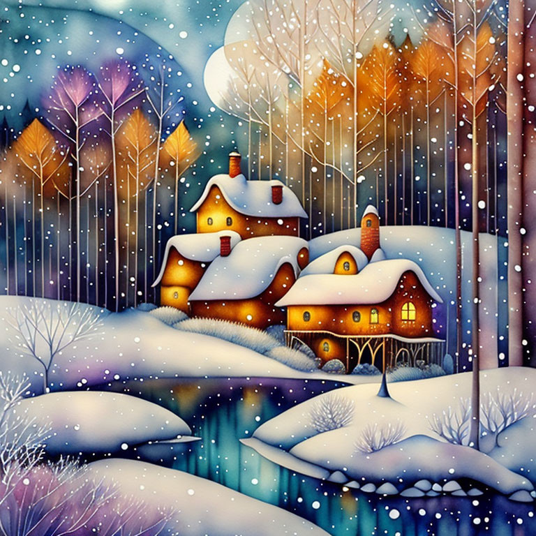 Winter scene: snowy landscape, stylized trees, cottages, frozen river, gentle snowfall at