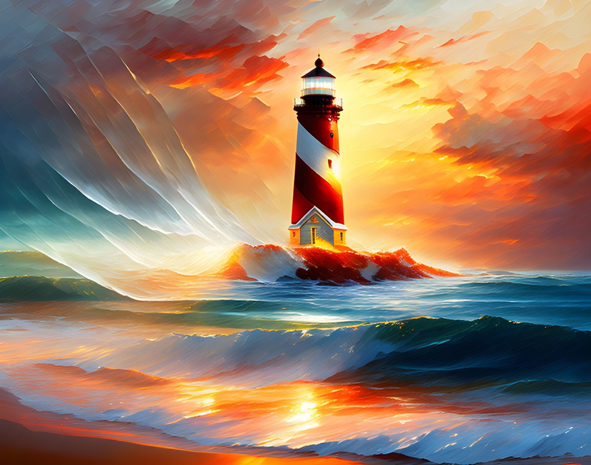 Vibrant digital painting: Lighthouse, swirling sea, fiery sky.