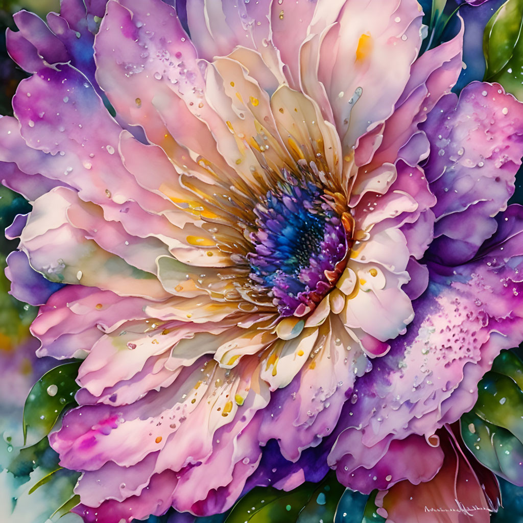 Colorful Watercolor Painting of Blooming Flower in Pink and Violet