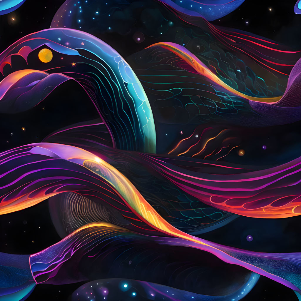 Abstract Cosmic Waves in Neon Colors on Starry Space Background