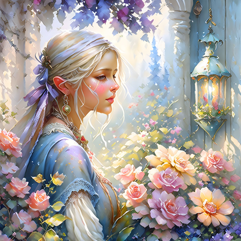 Blonde woman with lantern in enchanting floral scene