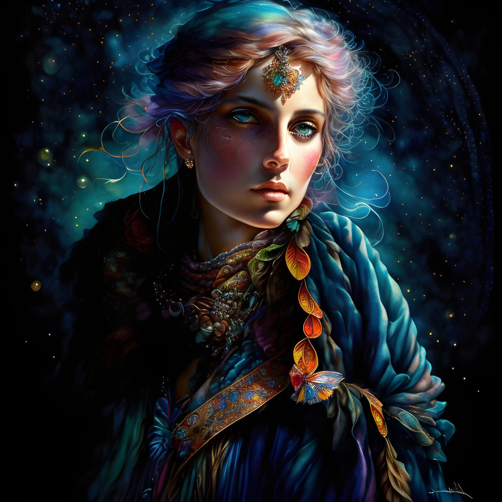 Digital Artwork: Woman with Cosmic Hair & Blue Eyes on Starry Background