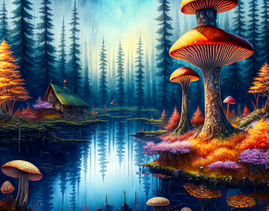 Fantasy forest scene with illuminated cabin, lake, colorful foliage, and oversized mushrooms.