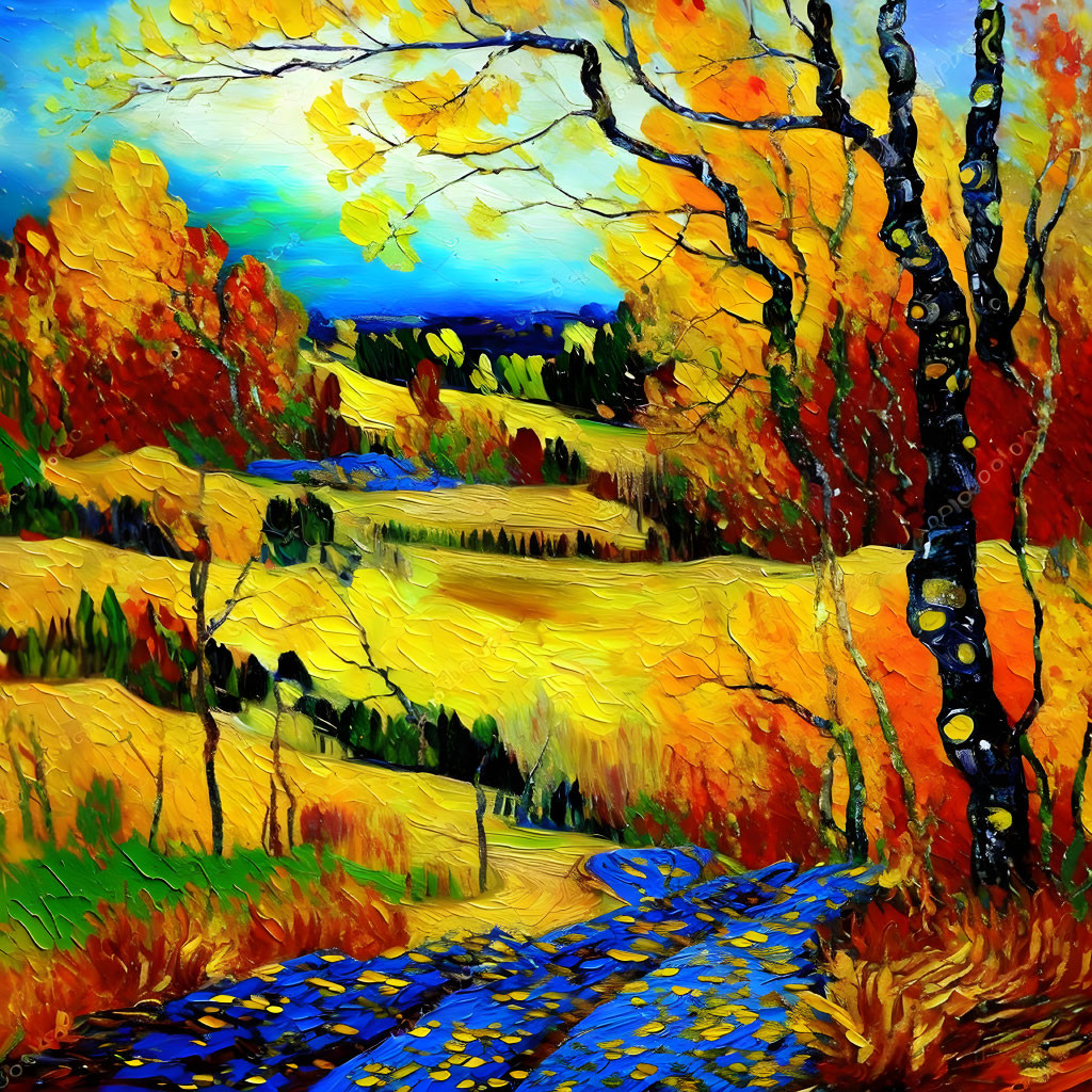 Colorful autumn landscape oil painting with yellow and orange trees, blue path, and river.