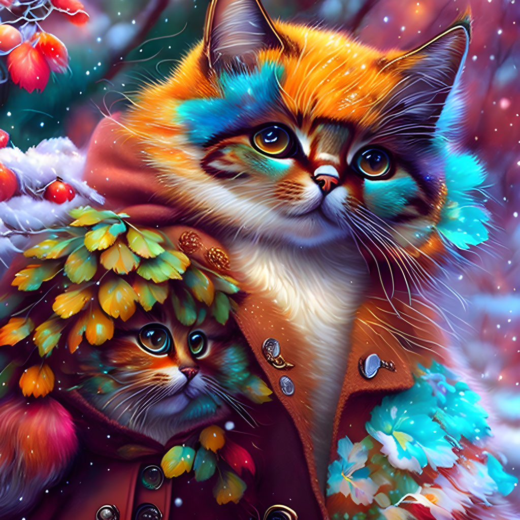 Colorful digital artwork featuring two cats with multicolored fur in a wintery scene