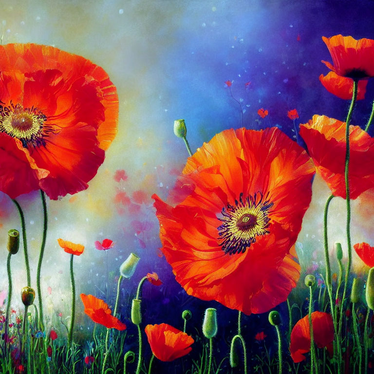 Bright red poppies and buds on blue background with dreamlike quality