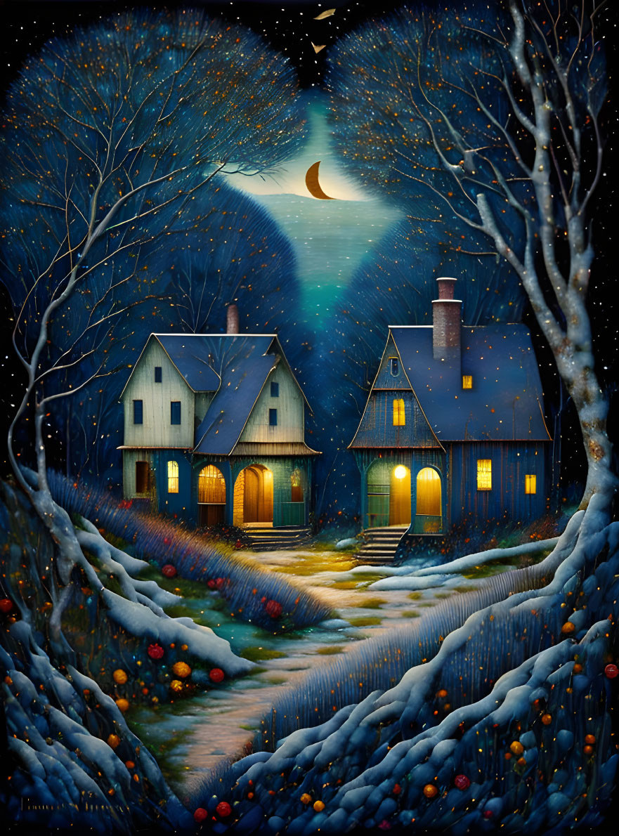 Snowy night scene with cozy illuminated houses and crescent moon