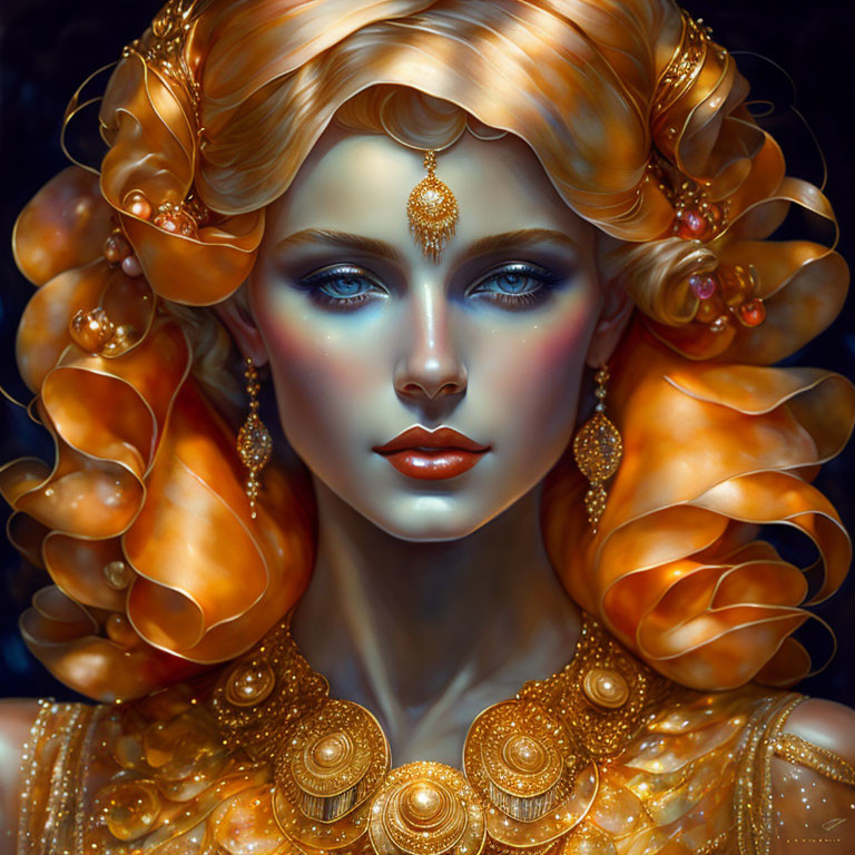 Golden-haired woman with blue eyes and ornate jewelry in regal digital portrait