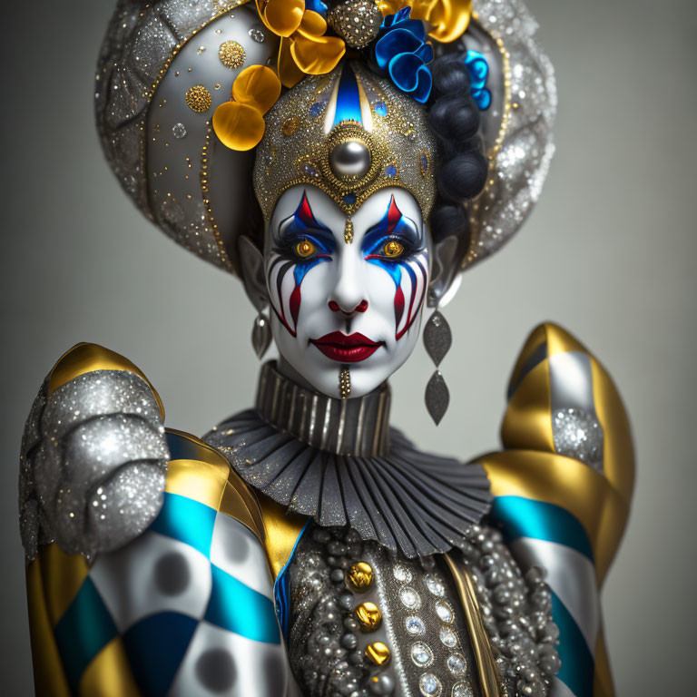 Colorful Clown Portrait with Elaborate Makeup and Costume