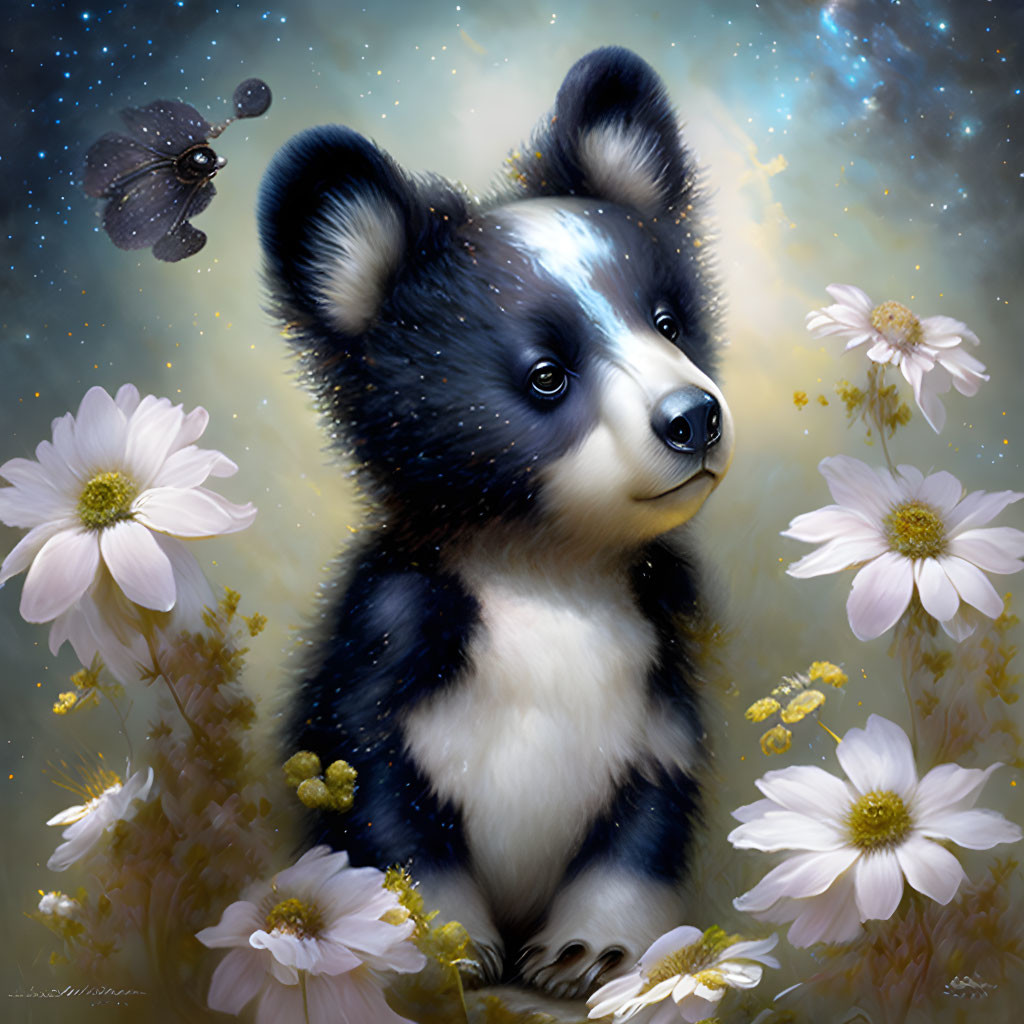 Whimsical panda-like creature painting with cosmic fur and dragonfly in starry sky