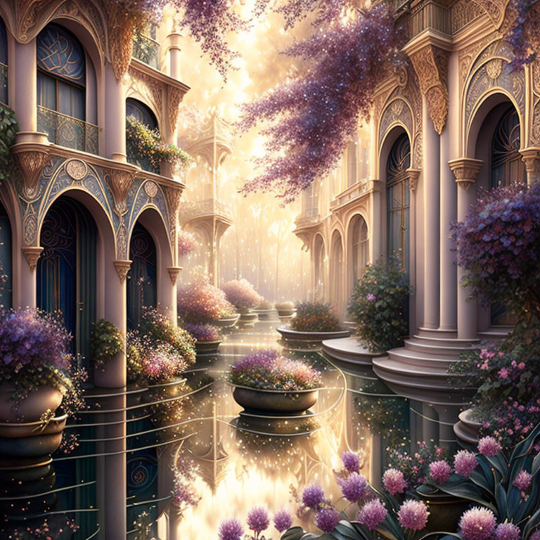 Fantastical garden with blooming purple trees and reflective waterways