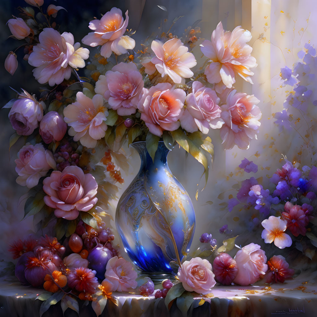 Blue and Gold Ornate Vase with Pink and Peach Roses and Purple Flowers