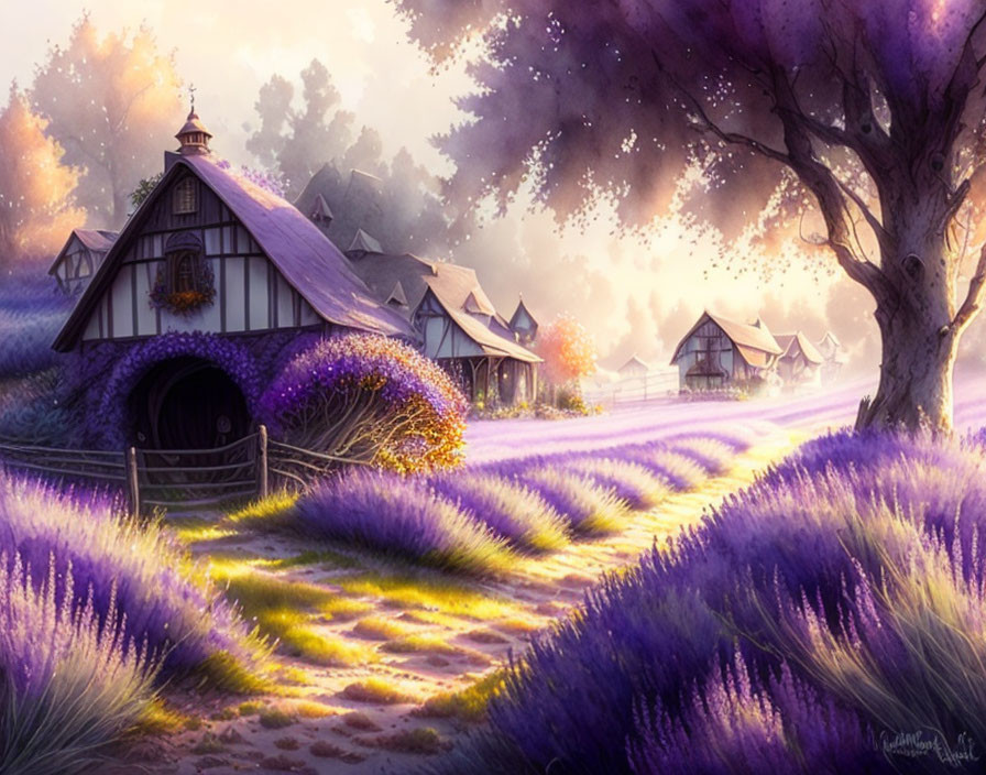 Serene lavender field with cobblestone path and charming cottages