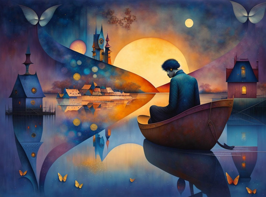 Person in boat surrounded by whimsical twilight scene with butterflies and colorful buildings