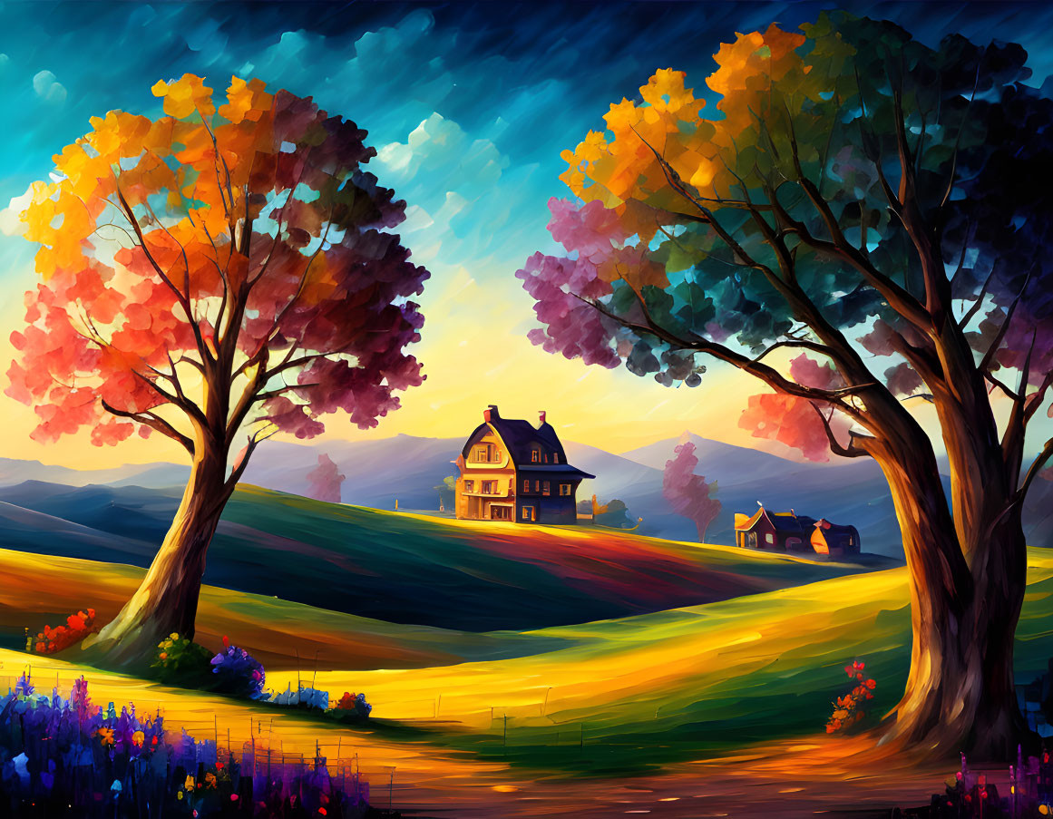 Colorful Sunset Landscape with Whimsical Trees and Rolling Hills