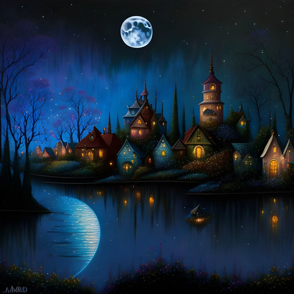 Fantasy village at night by tranquil lake with full moon, stars, and glowing boat.