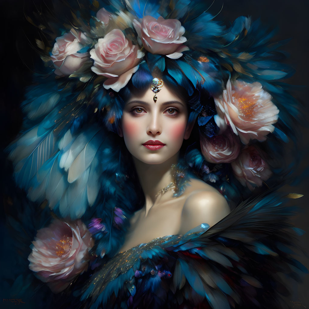 Woman with Blue Feather Headdress and Pink Roses: Intriguing Portrait