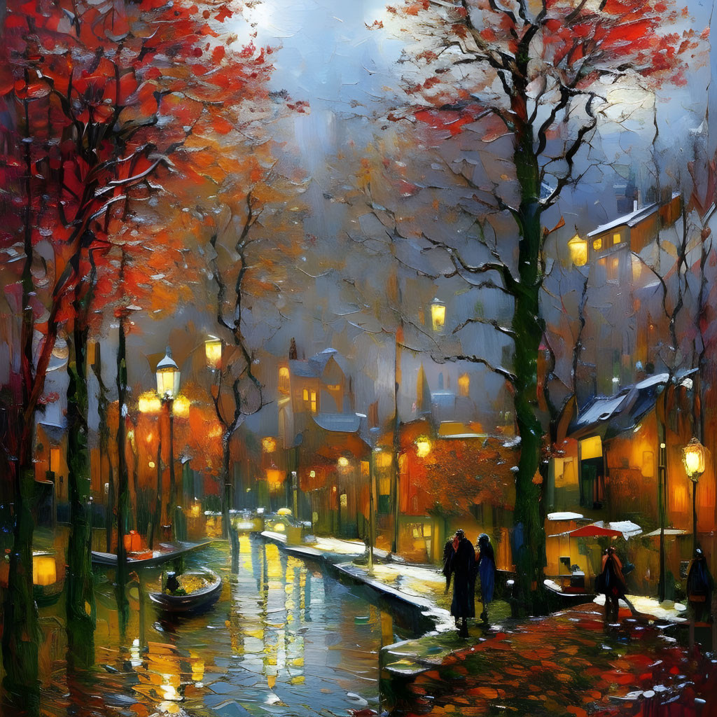 Impressionistic canal scene with rain-soaked cobblestone path