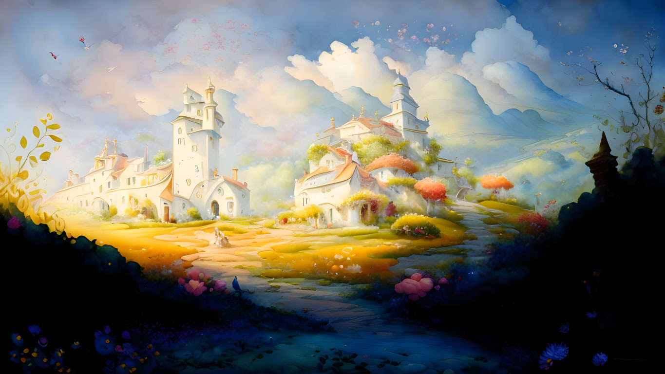 Whimsical fairytale landscape with castles, flowers, winding path, and serene sky