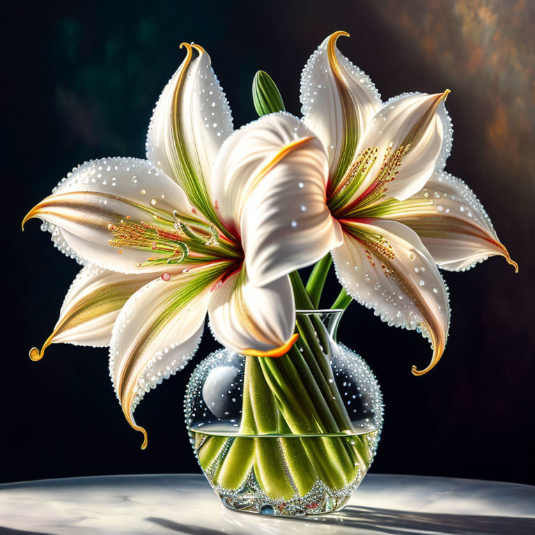 Digital artwork: White lilies in transparent vase with dewdrops